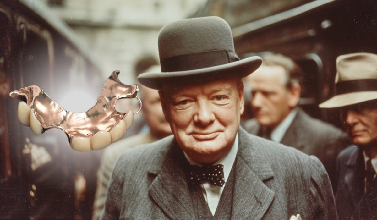 Which Celebrities Have Had the Most Dramatic Denture Transformations? 2 Man in vintage attire wearing a bowler hat with an image of dentures beside him