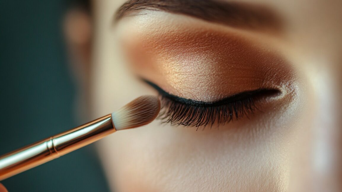 Close-up of a closed eye with perfectly applied eyeshadow and eyeliner using a makeup brush