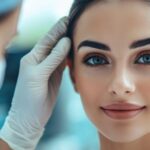 A woman with flawless skin being examined by a medical professional wearing gloves.