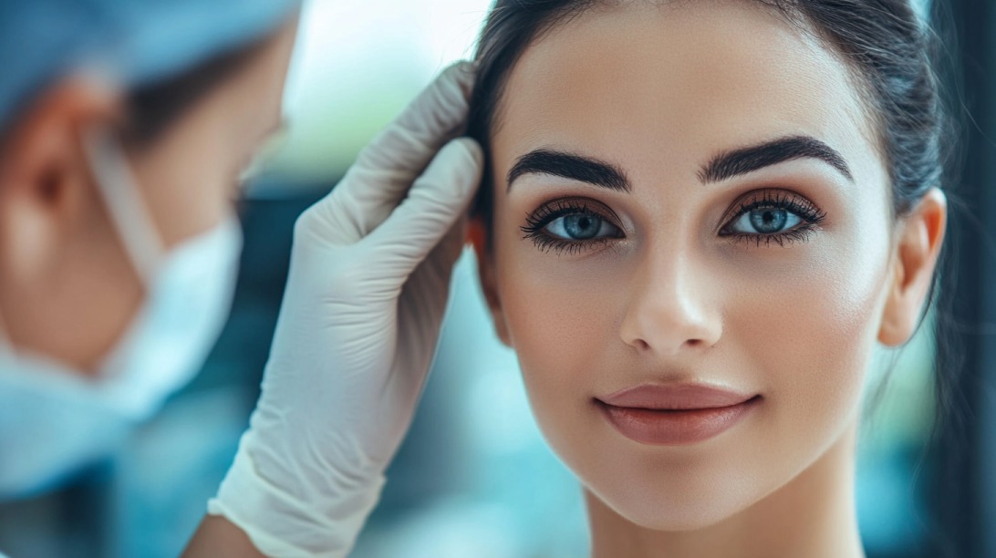 A woman with flawless skin being examined by a medical professional wearing gloves.