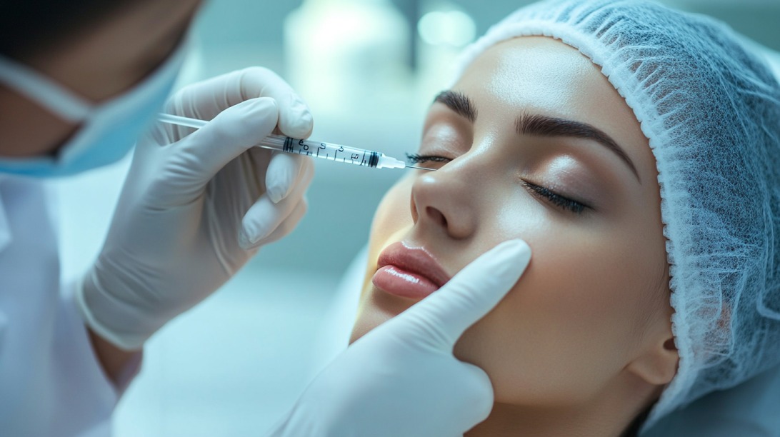 Close-up of a woman receiving a cosmetic injection in the nose by a medical professional wearing gloves