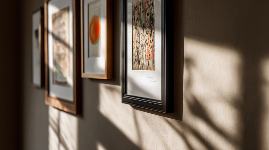 Framed artworks on a softly lit wall, showing texture and shadow play in refined interior design