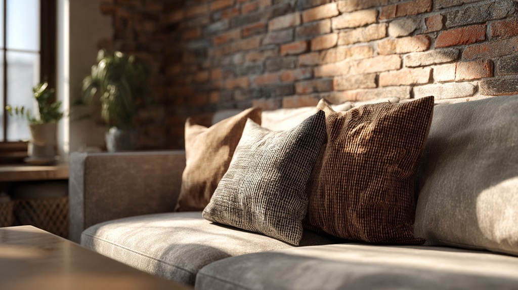Modern sofa against an exposed brick wall, daylight highlighting texture and warmth in interior design