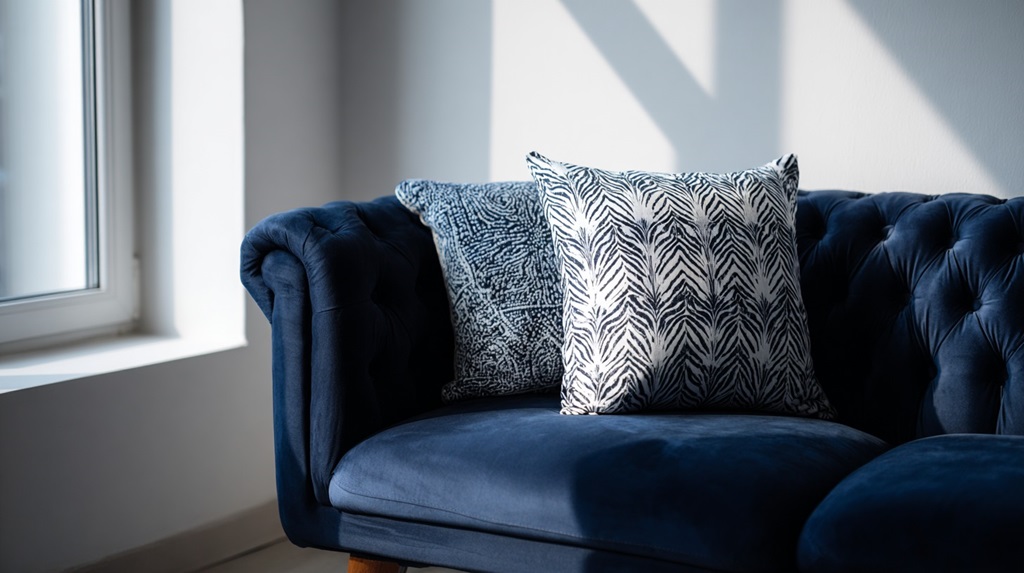 Blue velvet sofa with patterned pillows near a window, showing color contrast under daylight