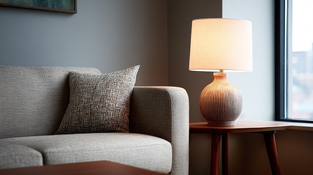 Sofa corner and table lamp balanced in proportion, an example of scale harmony in interior design