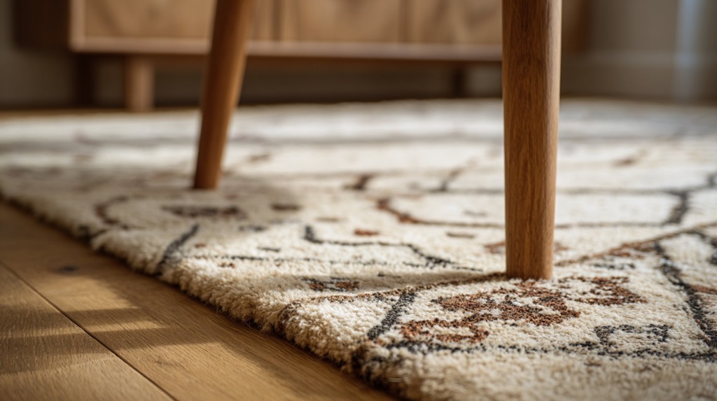 Close-up of a patterned rug edge beneath a wooden table leg, natural light revealing texture and warmth