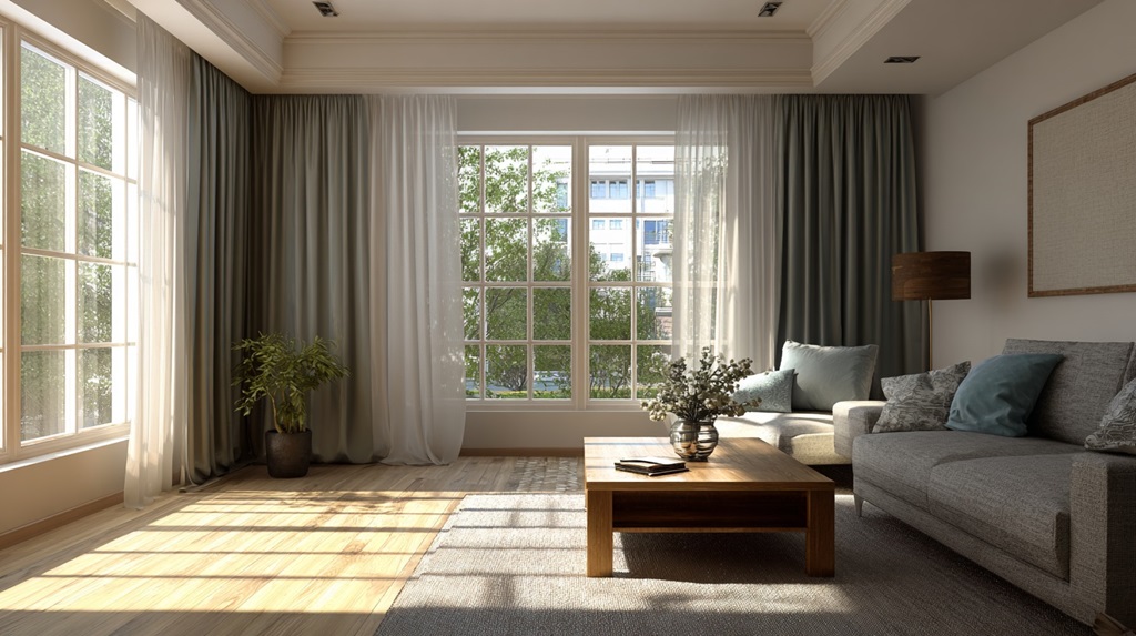 Living room filled with natural sunlight, sheer curtains and neutral tones creating visual openness