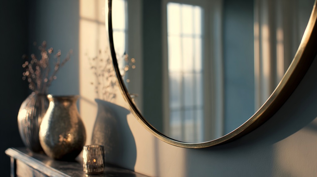 Round wall mirror reflecting daylight and soft shadows, a modern interior design element enhancing light and depth