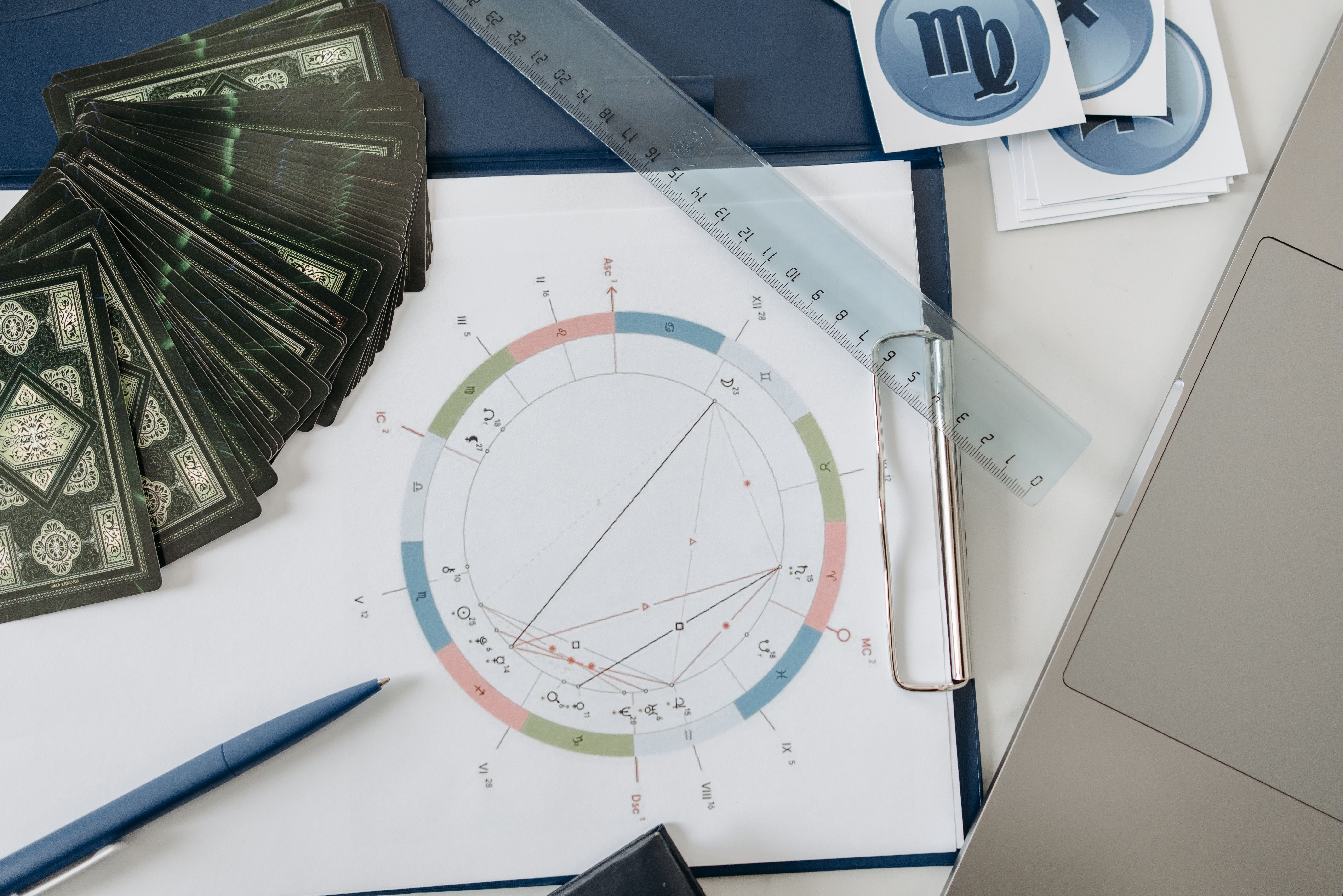 Astrology cards and a natal chart arranged on a desk, illustrating zodiac signs and relationship compatibility.